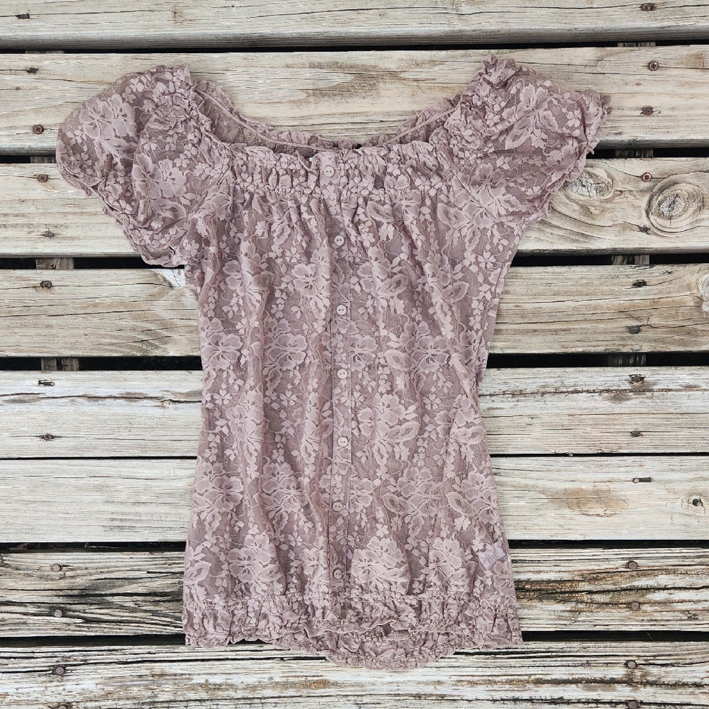 Maurices Brown Lace Elastic Cap Sleeve Fall Top Boho Small